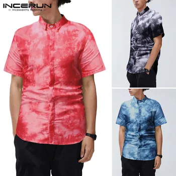 

Mens Shirts Short Sleeve Turn Down Collar Printed Shirt Man Fashion Soft Breathable Blouse Male Ethnic Dye Loose Tops INCERUN