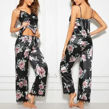 

Women Floral Pjamas Sets Female Tank Tops+Long Pants Satin Sexy Sleepwear Outfits Nightwear Clothes