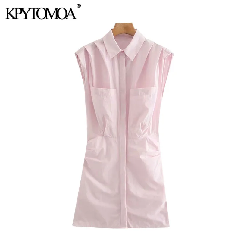 KPYTOMOA Women 2020 Chic Fashion Side Gathered Pockets Mini Dress Vintage Sleeveless Pleated Shoulders Female Dresses Vestidos KPYTOMOA Women 2020 Chic Fashion Side Gathered Pockets Mini Dress Vintage Sleeveless Pleated Shoulders Female Dresses Vestidos
