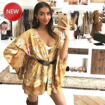 

women blouses short Kimono cardigan autumn Robe yellow floral print flare long sleeve Gypsy beach summer loose Bohemian