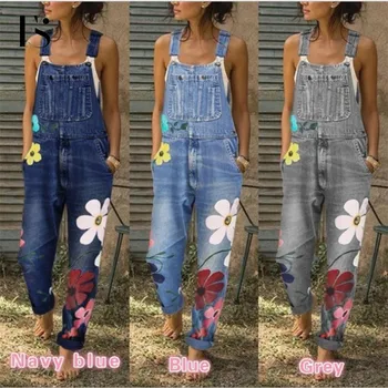 

Hot sale plus size floral print solid color summer jeans women mid waist cotton soft jeans suspenders with pocket