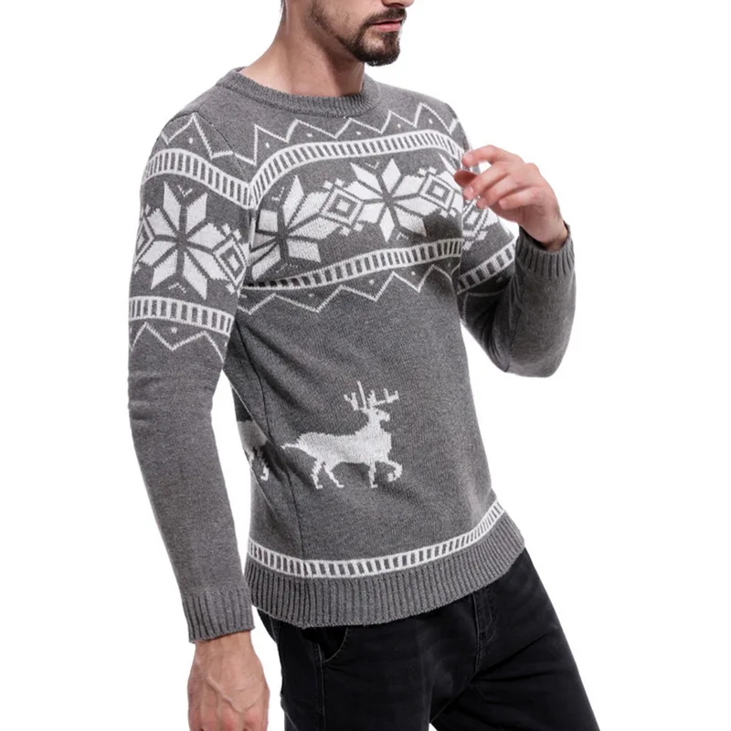 Мужской осенне-зимний Повседневный свитер с принтом оленя, Рождественский пуловер с круглым вырезом, облегающий вязаный свитер, джемпер, мужская одежда
