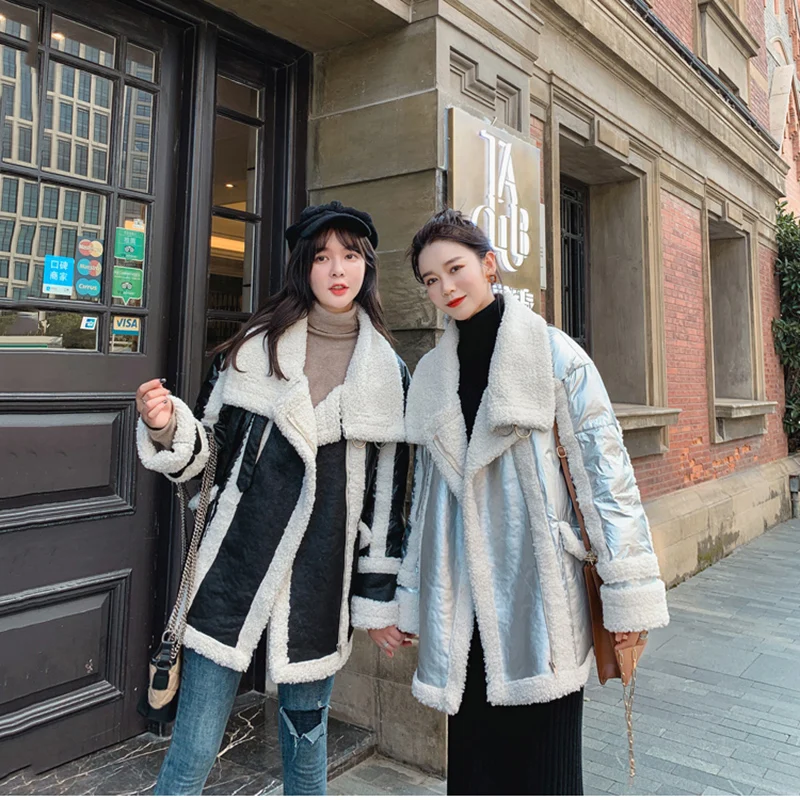 New Women Silver Jacket Lambswool Fur one Down Jackets Fashion Glossy Stand Collar Cotton Coat Women Winter Warm Outerwear