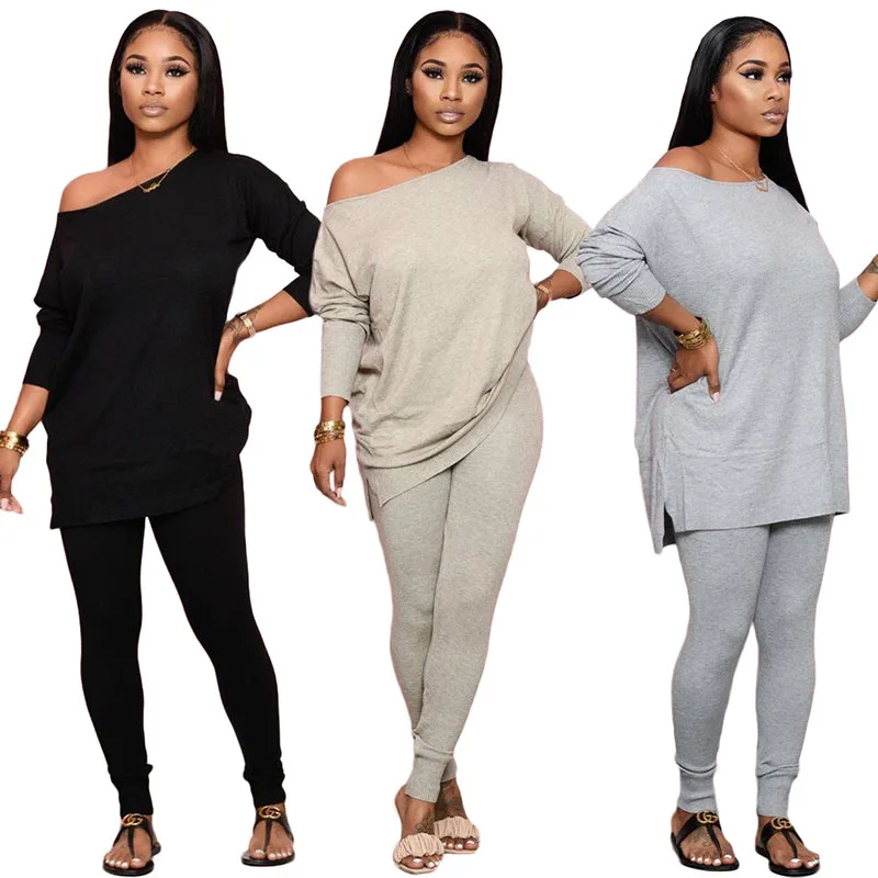 

Autumn Women's Casual Suit European and American Women's Loose Solid Color Bat Sleeve Shirt Trousers 2-Piece Set