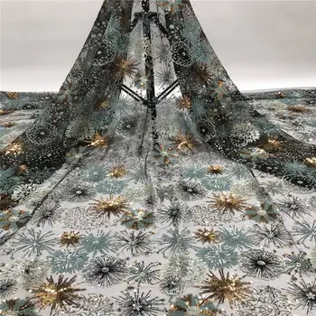 

Green Latest African tulle Lace Fabric High Quality 2020 Nigerian Net Lace Fabric with 3d Sequins Lace for Women Dress 5yards