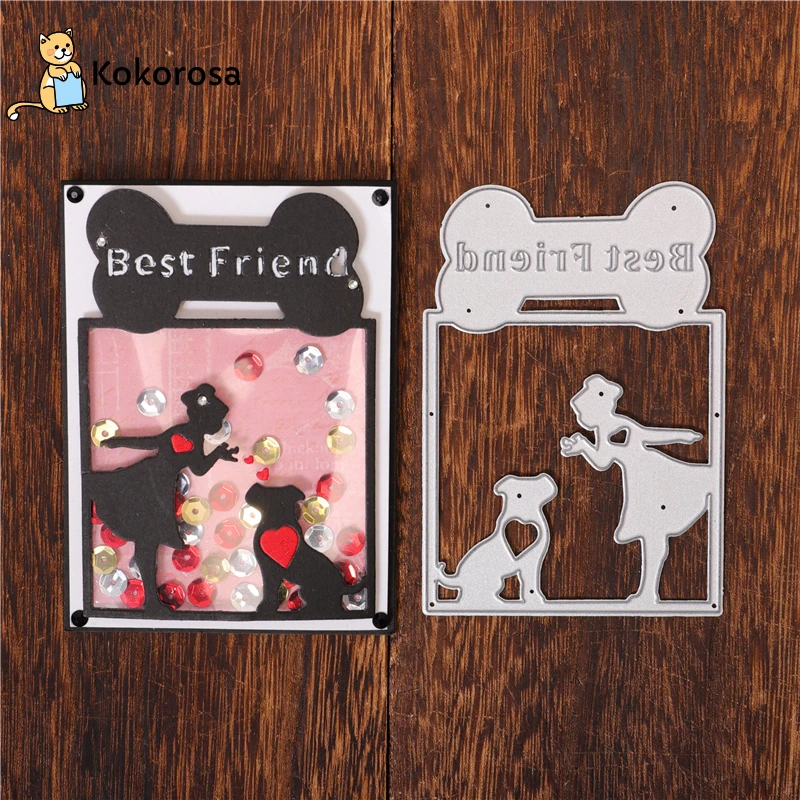 

Kokorosa Girl with Dog Friend Frame Metal Cutting Dies Stencils for DIY Scrapbooking Decoration Embossing Handcraft Die Cut