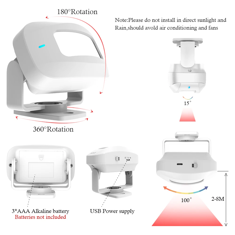 CACAZI-Detector de movimiento PIR inalámbrico, timbre infrarrojo, alarma de seguridad de bienvenida, 433Mhz, Sensor de puerta para el hogar