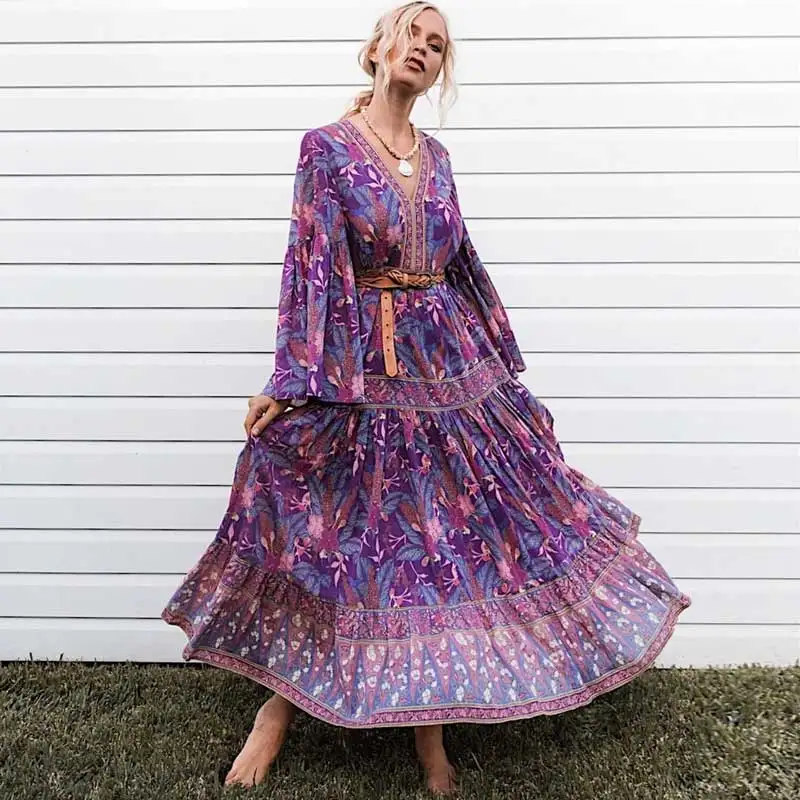 BOHO INSPIRED purple floral dress women V-neck long sleeve dress maxi chic gypsy boho dress summer dress new vestidos