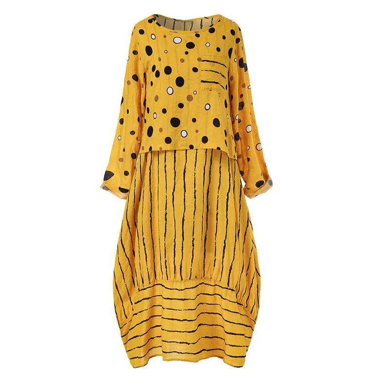 Polka Dot Yellow Dress For Woman Large Loose Fake Two-piece Cotton Linen Dress Summer Plus Size Sundress Female O-Neck Dress