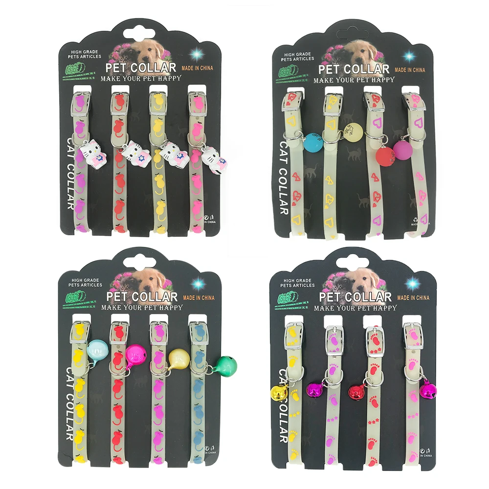 50set Luminous Cat Collar with Belll Night Glow Reflective Cats Collar Kitty Necklace Safety Kitten Neck Ring Breakaway Rubber