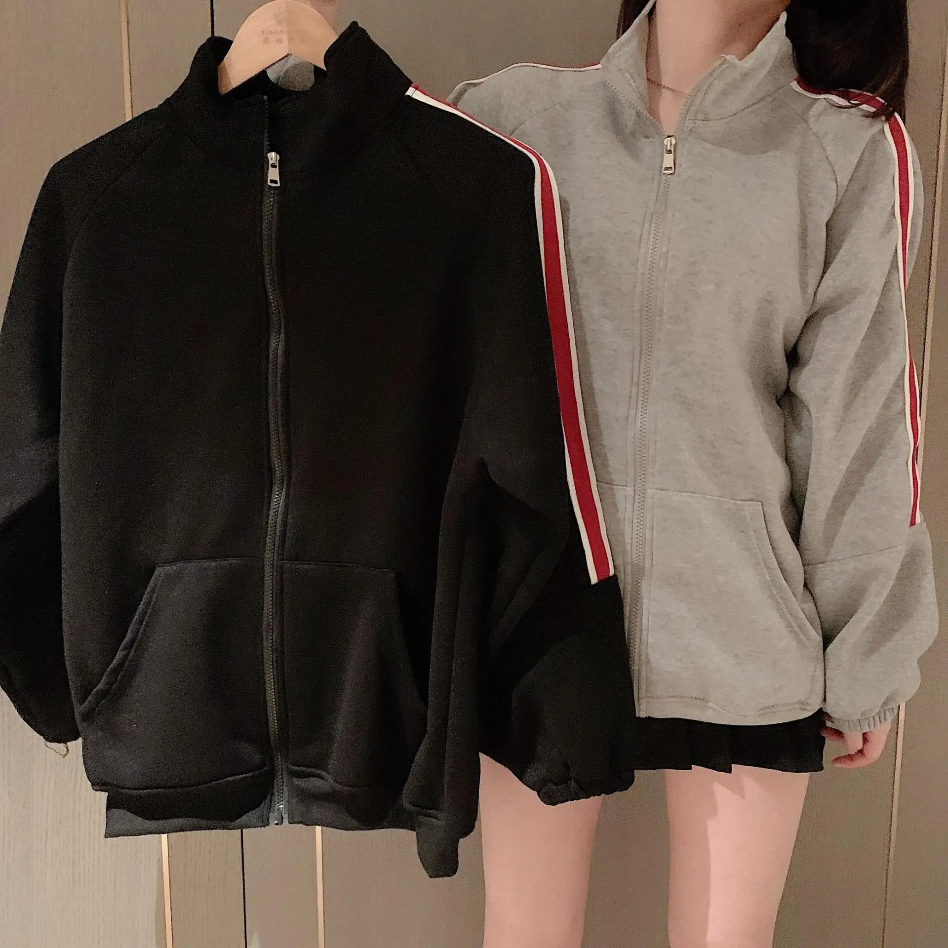 

2019 Autumn And Winter Korean-style Loose-Fit Versatile Brushed And Thick Mid-length Zipper Hoodie Coat Student