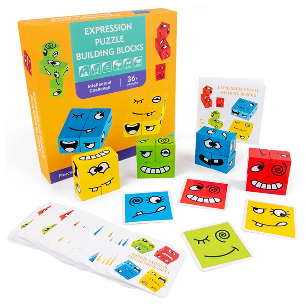 

Kids Wooden Toy Facial Expression DIY Puzzle Blocks Boys Girls Learning Toys Cards for Classroom Speech Therapy Materials