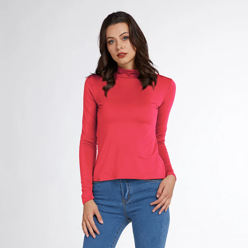 

Seluxu 2019 Autumn Women T-Shirt Round Neck Turkeneck Solid Color T-Shirt Long Sleeve Red/Purple/Black/Blue/Brown Women Tops