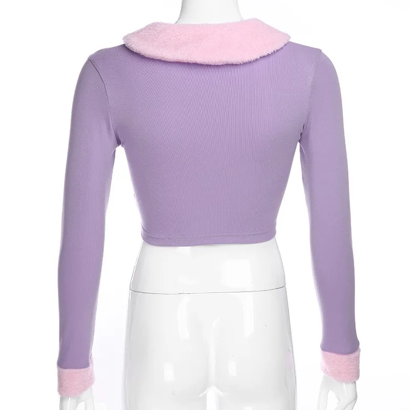 Women's Cropped Cardigan Sweaters Female With Button Purple Short Sweater V Neck Long Sleeve Sweater Women Knitted Cardigan