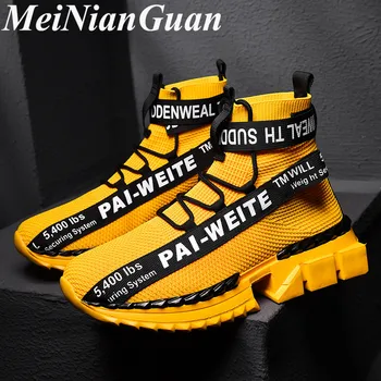 

Summer Big Size Sneakers Unisex Sock Shoes Fly Weaving Male Shoes Light Soft Trainers Men Yellow Casual Shoe Slip on Man Shoe L1