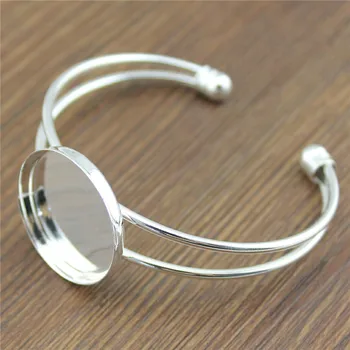 

2Pcs Adjustable Bangle Base Setting Blank Fit 25mm Round Glass Cabochon Shiny Silver Color Copper Material Bangle Base