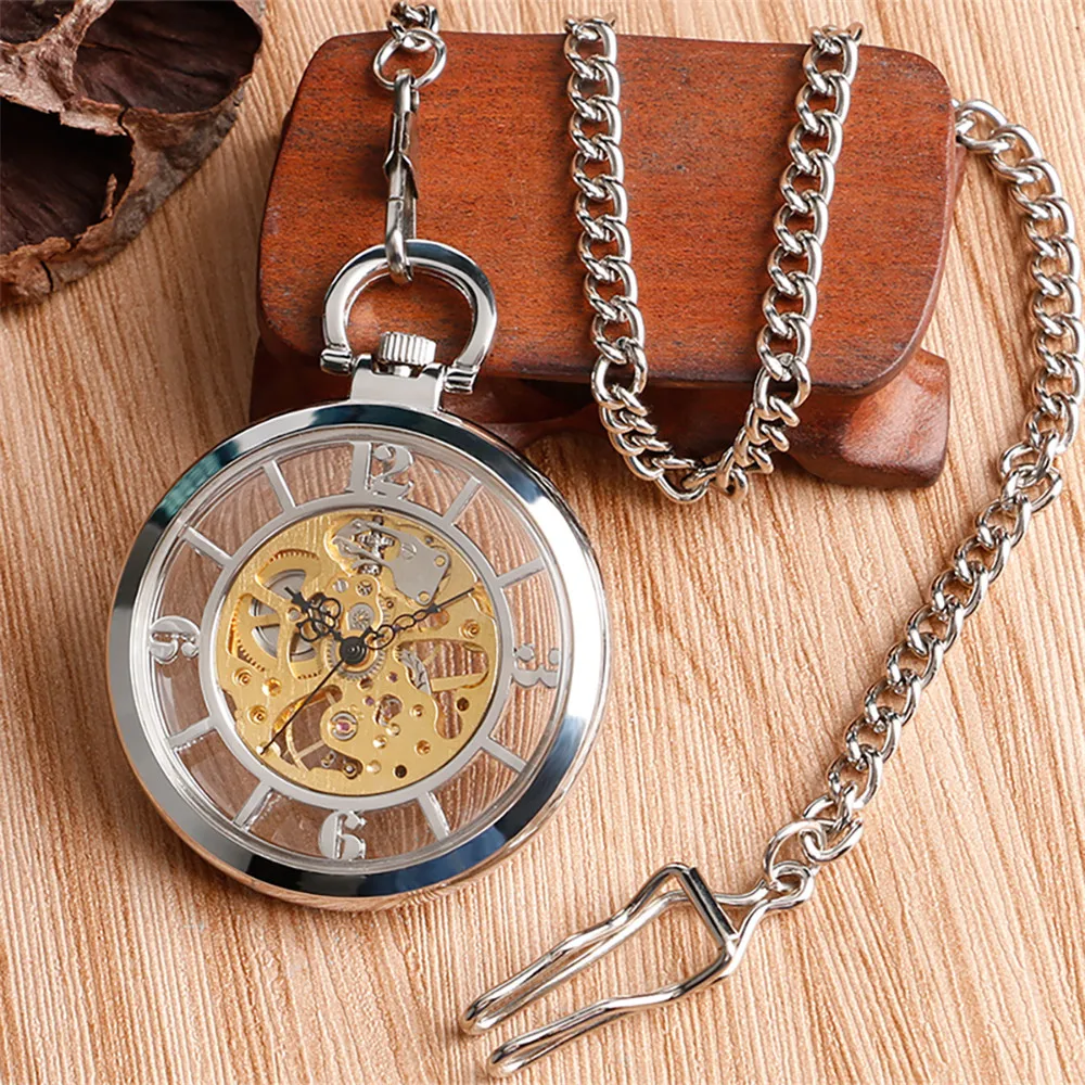 Elegant Vintage Silver Mechanical Pocket Watch Transparent Arabic Numerals Display Pendant Hand Winding Mechanism Pocket Clock