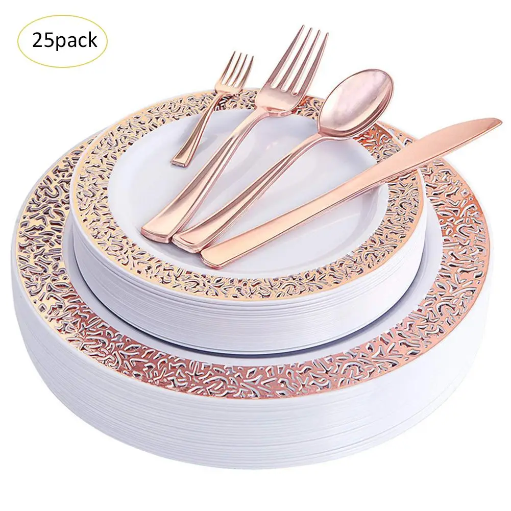 150 шт Золотые пластиковые тарелки с одноразовыми пластиковыми столовыми приборами, кружевной дизайн для свадебной вечеринки пластиковые наборы посуды для всех праздников