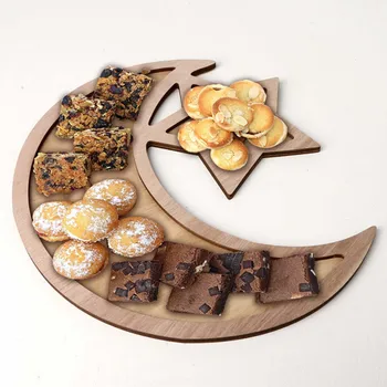 

Behogar Muslim Ramadan Eid Mubarak Wooden Tray Moon Star Shape Food Dessert Pastry Tray Holder for Home Party Supply Decoration