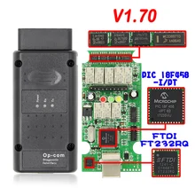 Op com para opel v1.70 opcom com com melhor microplaqueta real pic18f458 pcb verde obd2 can bus para opel obd2 ferramenta de diagnóstico profissional