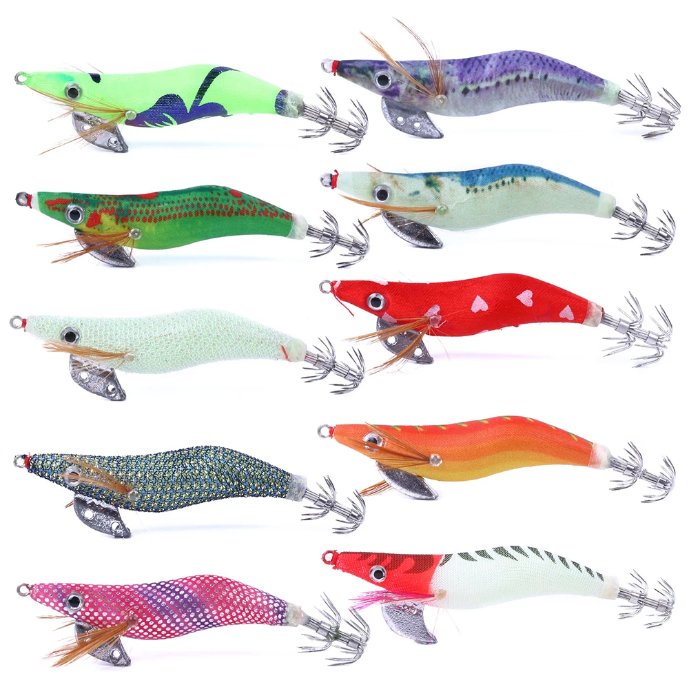 

Artificial Bait 10Pcs Fishing Lure Set Squid Jigs Glow At Night Fishing Lures Squid Jig Hooks Wood Shrimp Fishing Bait