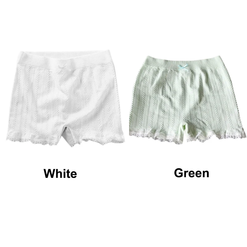 White Green Женские Эластичные облегающие шорты, кружевные хлопковые шорты для мальчиков, под юбку, безопасные штаны для мальчиков, шорты с бантом, под брюки, боксеры, Mujer - Цвет: White Green