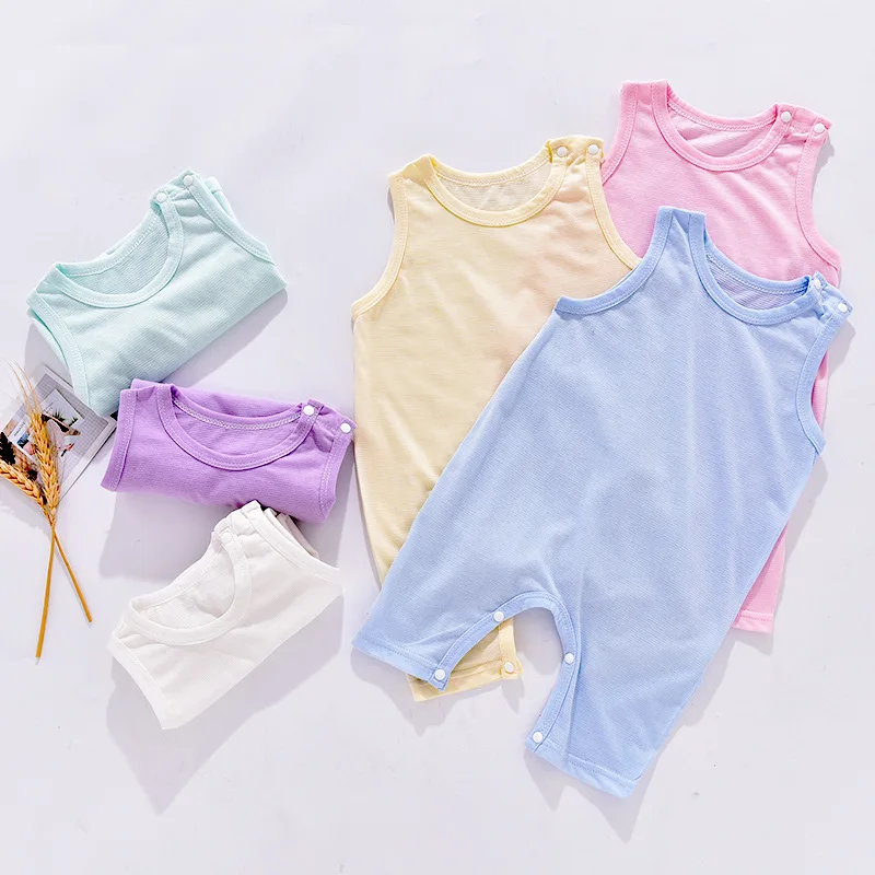 

2019 New Hot Selling Vest Style Open Crotch Onesie Spring Summer Baby Jump Suit Casual Solid Color Crawling Clothes Wholesale