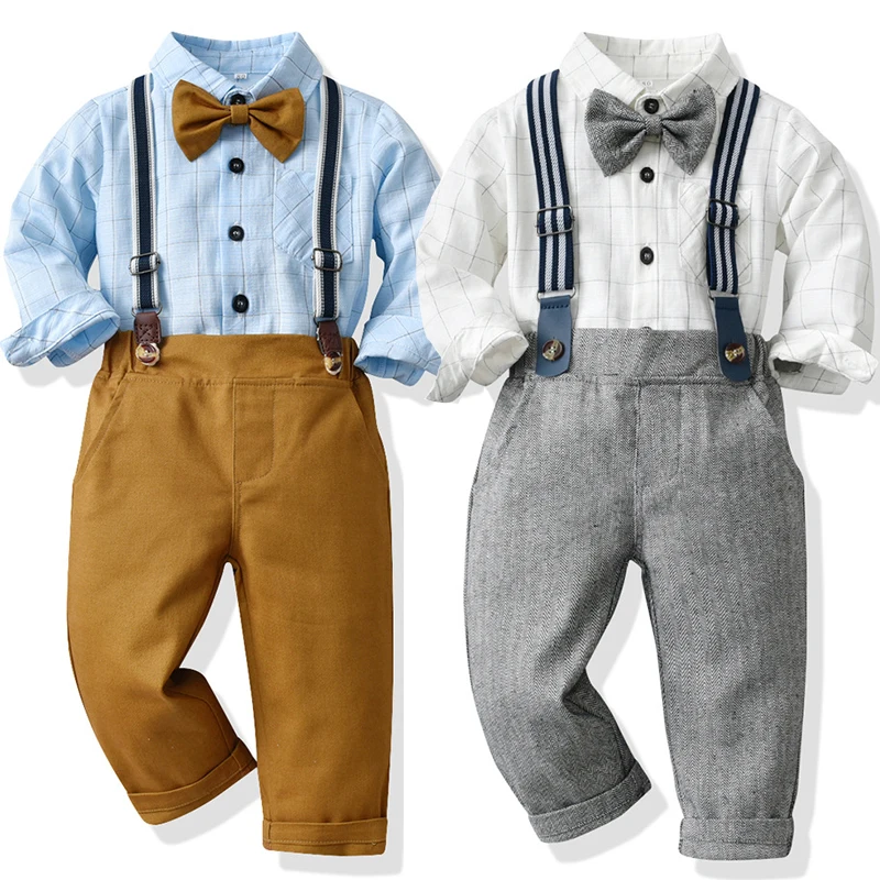 

2022 New Gentleman Style Spring Autumn Clothing Set For Kids Bow Tie Stripe Grid Long-Sleeved Shirt + Overalls 2Pcs Boys Suit