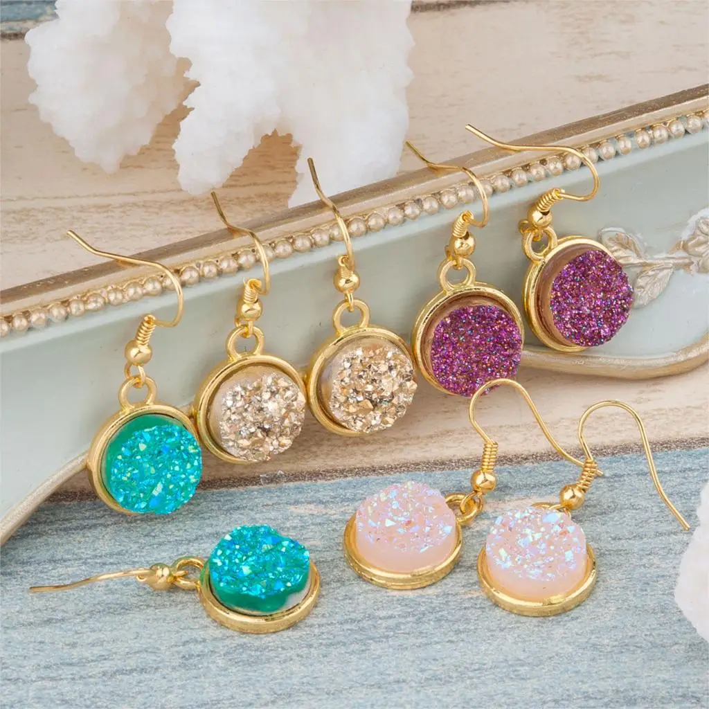 Doreen коробка ручной работы смолы Drusy шикарные висячие серьги Золотой Серебряный
