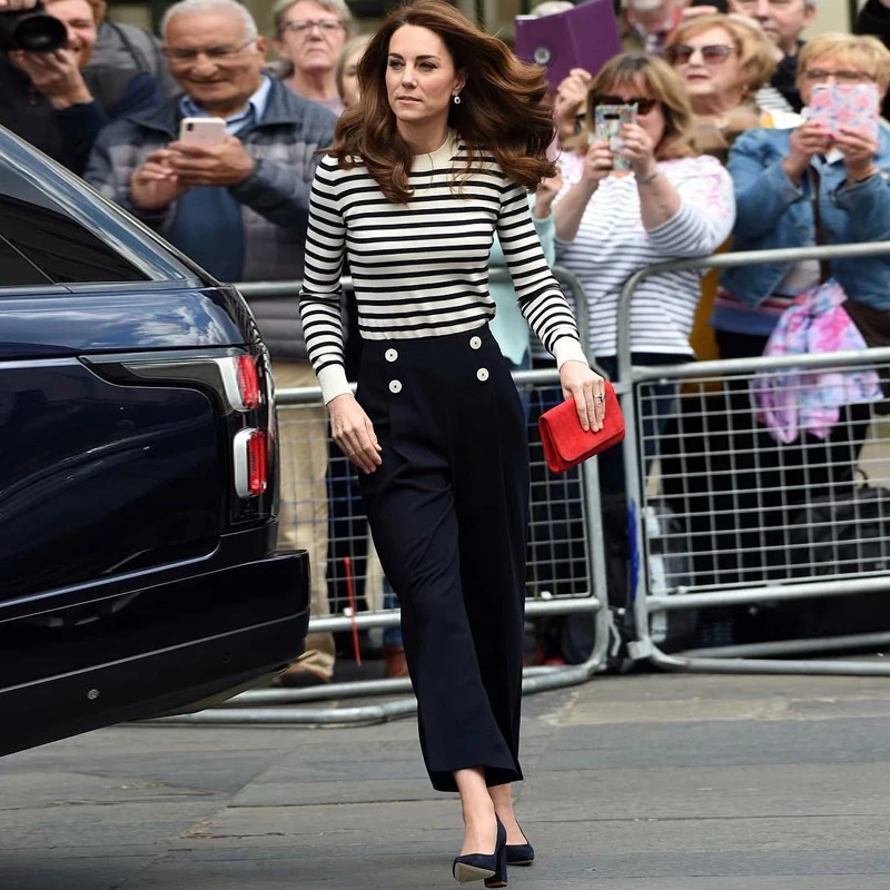 Kate Middleton, новая мода, высокое качество, вечерние, офисные, полосатый свитер, топ, свободные, черные брюки, винтажные, элегантные, шикарные, женские наборы