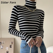 

Sister Fara Spring Autumn Turtleneck Striped Knit Sweater Women's Chic Cuff Buttons Slim Casual Sweaters Ladies Pullover Sweater