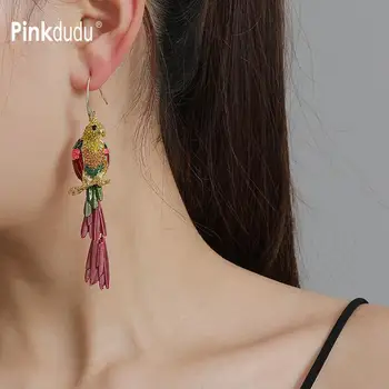 

Pinkdudu Fashion Long Multicolor Crystal Earrings Personality Exaggerated Rhinestone Bird Parakeet Drop Earrings for Women OG078