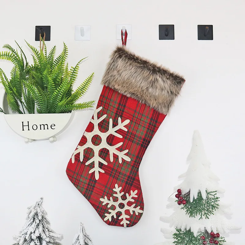Plush Plaid Snowflake Christmas Stocking Kids Gift Candy Bag New Year Xmas Decoration