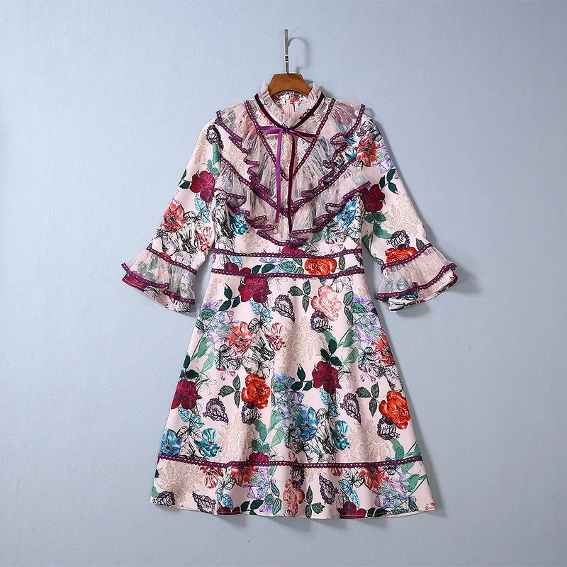 

Europe style floral print sweet dress 2019 Fall runways women high quality flare sleeves ruffles dress A808