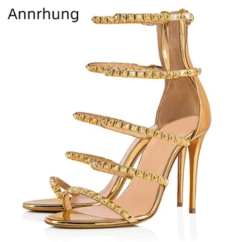 

Narrow Band Gladiator Sandals Patent Leather High Heels Sexy Open Toe Catwalk Shoes Studded Rivet Sandalias Party Shoes Woman