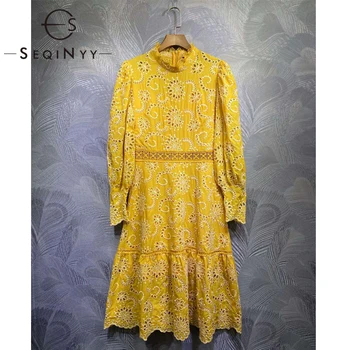 

SEQINYY Bohe Dress 2020 Summer Spring New Fashion Design Women Hollow out Flower Lace Knee Dress Casual Runway