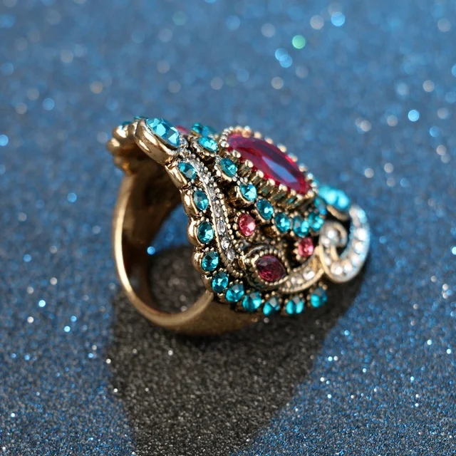 Cincin Batu Bertatah Gaya Baharu Vintage Merah dan Biru Cincin Mulia Kreatif Unik 2