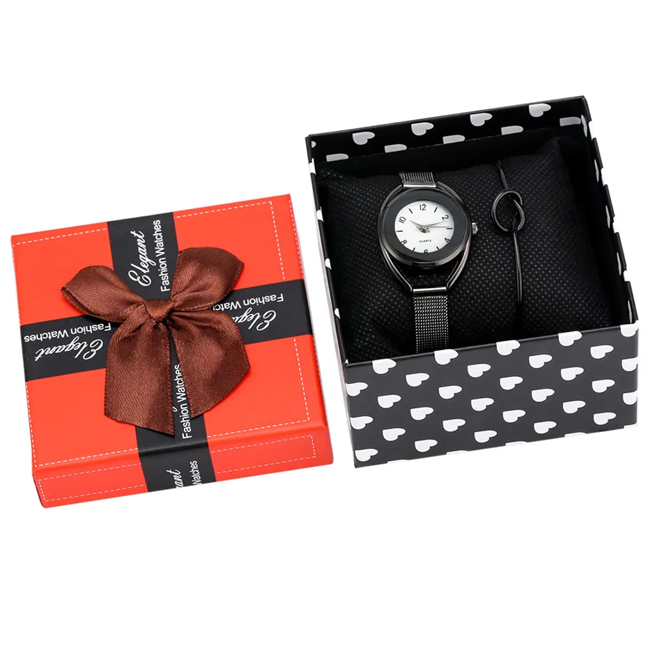 

Minimalist Black Stainless Steel Women Watch Bangle Set Gifts Female Wristwatches Casual Present Box Birthday Gifts Ladies