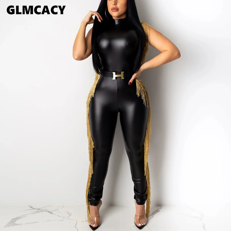 Women Sleeveless Fringed Tassels Detail Jumpsuits Sexy Party Clubwear Classy Chic Ladies Streetwear Black PU Leather Jumpsuit