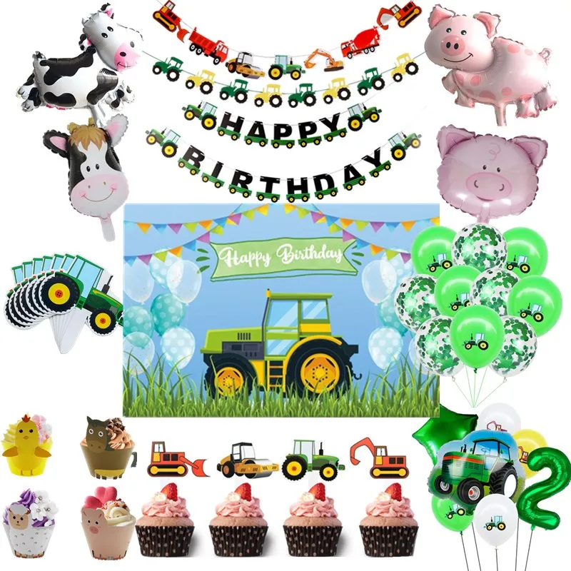 Farm Green Theme Happy Birthday Backdrop Balloons Tractor Construction Vehicle Vinyl Background Party Decoration | Дом и сад