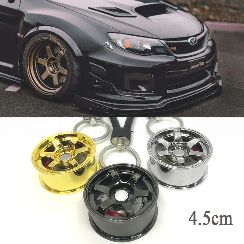 

4.5cm Big Size! Wheel Rim Style Aluminum Keychain Keyring Keyfob Rear View Pendent JDM Racing Drift Tyre with Leather woven rope