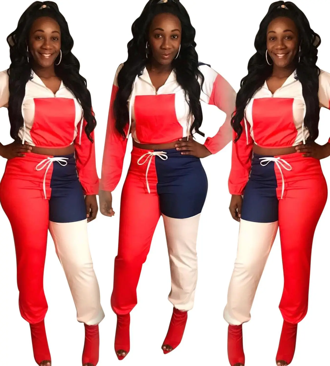 

Patchwork Color Drawstring Hooded Long Sleeve T-Shirt Lace Up Trousers Women Tracksuit 2020 Autumn Casual Two Piece Set