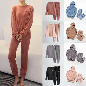 

2020 Women Winter Flannel Pajama Set Long Sleeve Loose Top Elastic Waist Thick Warm Sleepwear Home Clothing