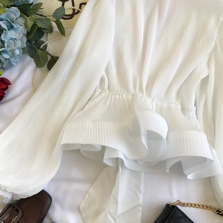 Women Elegant Long Sleeve Blouse Shirt Sexy V Neck Pleated Ruffles Blusa Sashes Vintage Women Blouse Spring Fashion Shirt Top Blusas (22)