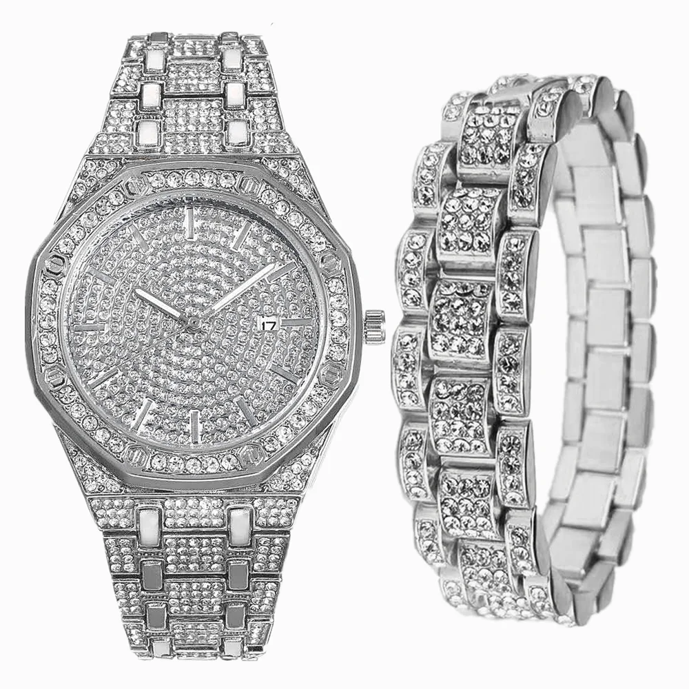 New Style Watch for Men Luxury Iced Out Watch + Bracelet Cuban Link Chain Bling Bangle Mens Watch Set Jewelry Set Clock Relogio