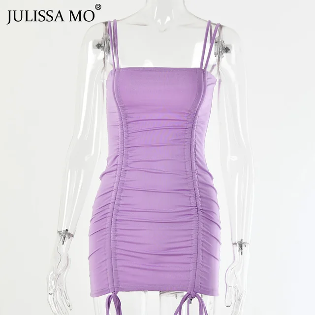 JULISSA MO Purple Sexy Summer Cami Straps Dress Women Drawstring Bandage Bodycon Dresses Backless Club Party