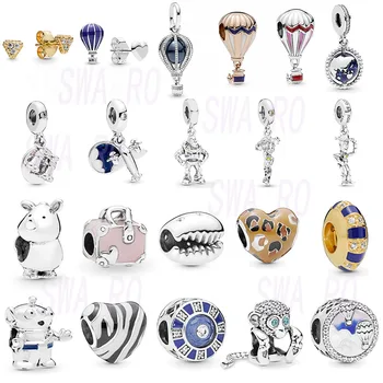 

CHAMSS New S925 Blue Hot Air Balloon Monkey Athlete Pendant Beads Triangle Earrings Original Female Bracelet Wild DIY Jewelry