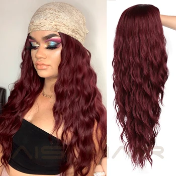 AISI HAIR  Long Wavy Black Wigs Brown and Red Wave Synthetic Wig for Women Natural Middle Part Heat Resistant Hair 5