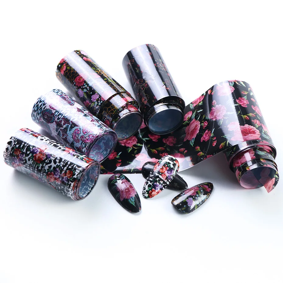 Flower Nail Foils Transfer Decals Wrap Sticker New Design Black Base Manicure Slider (7)