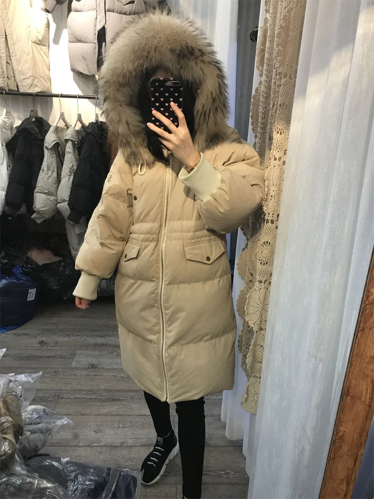 18 Южная Корея Dongdaemun стиль ультра большой Лисий мех длинный пуховик женский свободный крой толстый пуховик выше колена